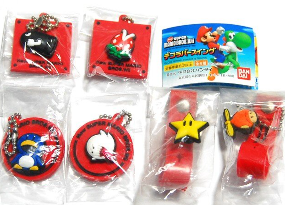 Bandai Super Mario Bros Wii Gashapon 6 Rubber Mascot Strap Collection Figure Set
