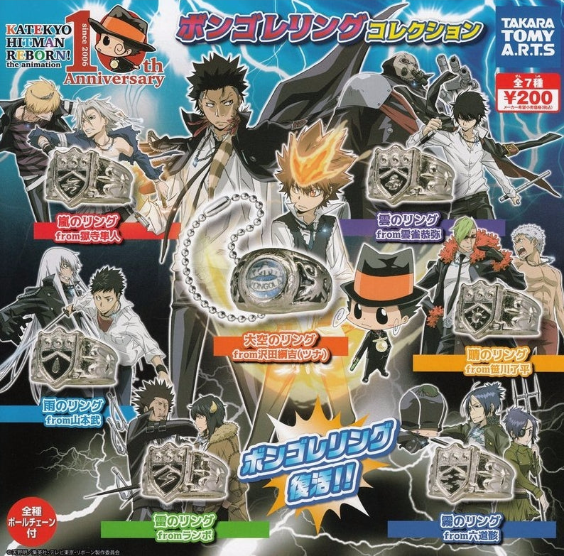 Takara Tomy Katekyo Hitman Reborn Gashapon 10th Anniversary 7 Metal Ring Strap Figure Set