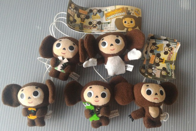 Japan Cheburashka Gashapon 5 Mini Plush Doll Strap Figure Set