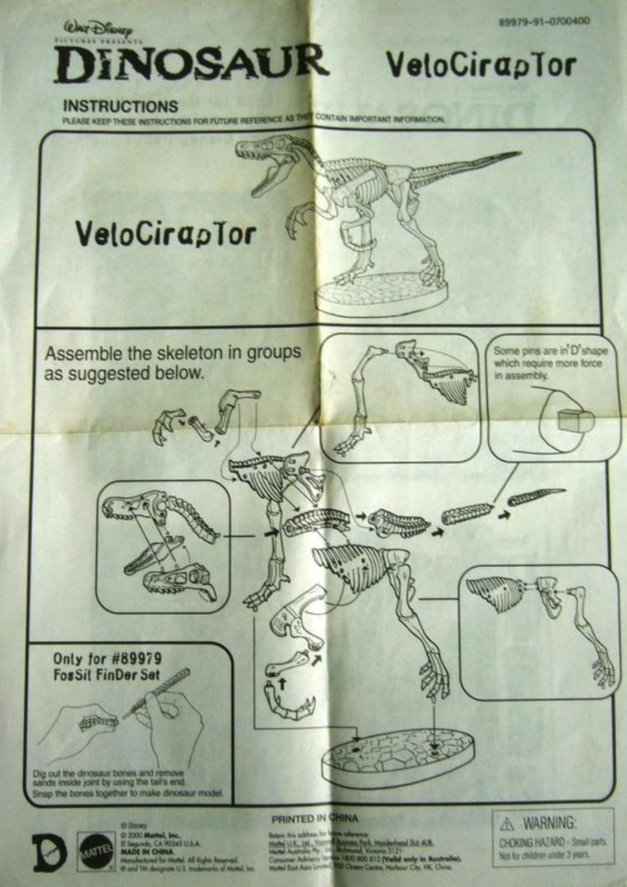 Mattel Walt Disney Dinosaur Velociraptor Skeleton GID Model Kit Figure