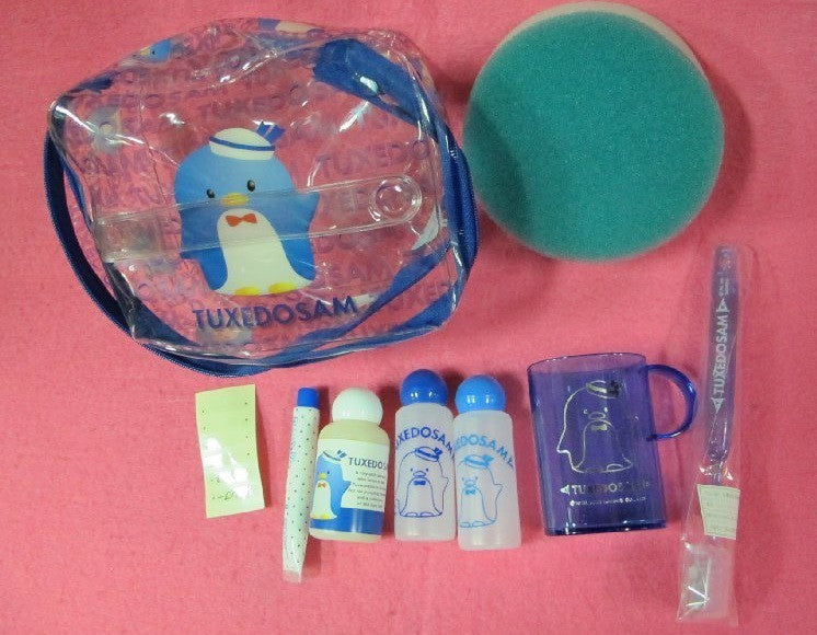 Sanrio 1999 Tuxedo Sam Penguin Vanity Set Bag Toothbrush Cup - Lavits Figure