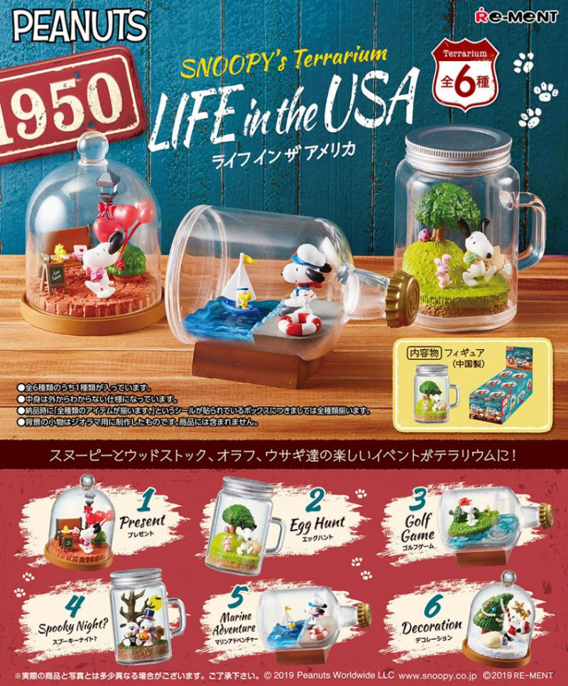 Re-ment Peanuts Snoopy Miniature Snoopy’s Terrarium Life in the USA Sealed Box 6 Random Trading Figure Set