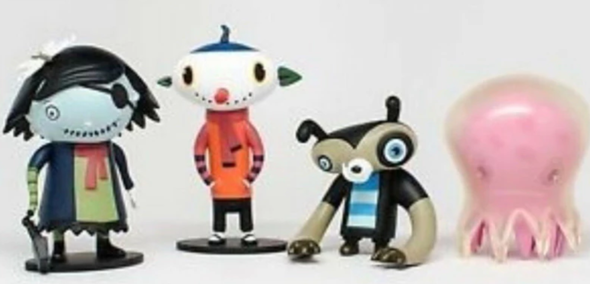 Flying Cat 2004 Nathan Jurevicius Scarygirl Set A Jellyfish Snow T Bear 4 3" Vinyl Figure Set
