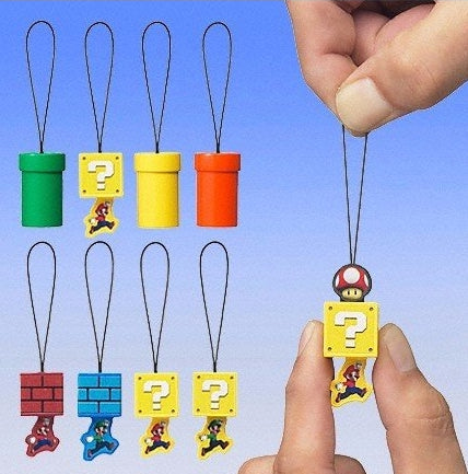 Bandai Super Mario Bros Gashapon 8 Brick Tube Mascot Strap Figure Set