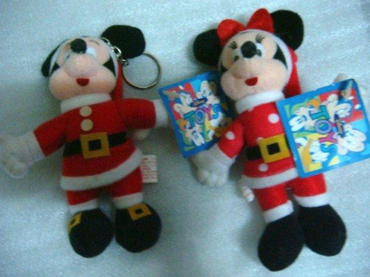 Vintage Walt Disney Mickey & Minnie Mouse Xmas Ver Key Chain Holder Plush Doll Figure Set