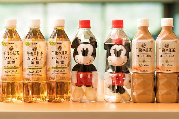 Kirin Afternoon Tea Taiwan Limited Disney Mickey & Minnie Mouse 90th Anniversary 2 Plush Doll in Bottle Figure Set