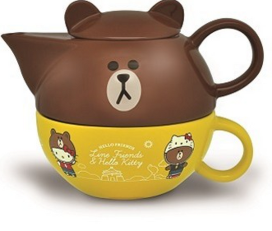 Sanrio Hello Kitty x Line Friends Taiwan Limited Porcelain 570ml Teapot & 330ml Teacup Set Brown ver