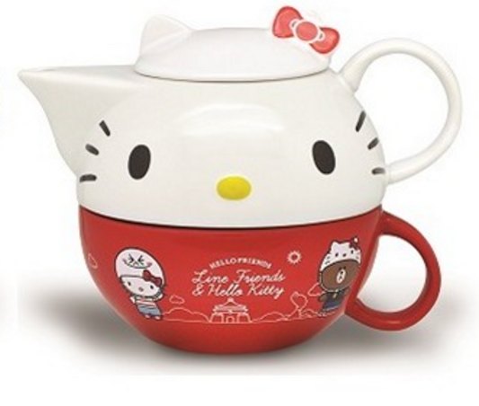 Sanrio Hello Kitty x Line Friends Taiwan Limited Porcelain 570ml Teapot & 330ml Teacup Set Hello Kitty ver