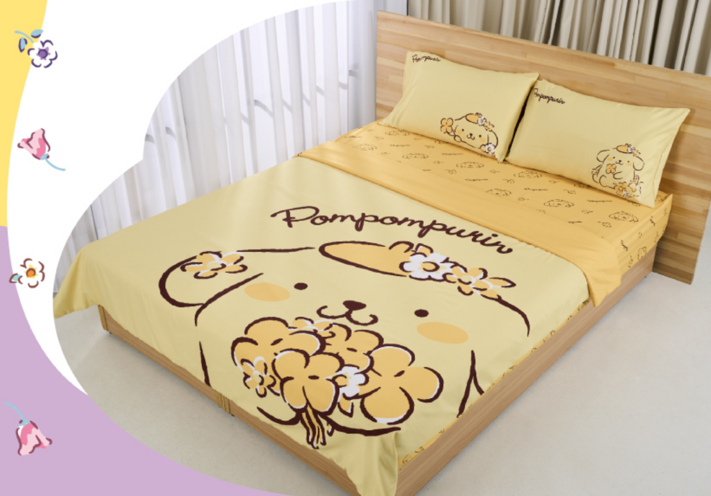 Sanrio Taiwan Family Mart Limited Spring Blossom Pom Pom Purin ver Double Bed Sheet & 2 Pillowcase & Quilt Set