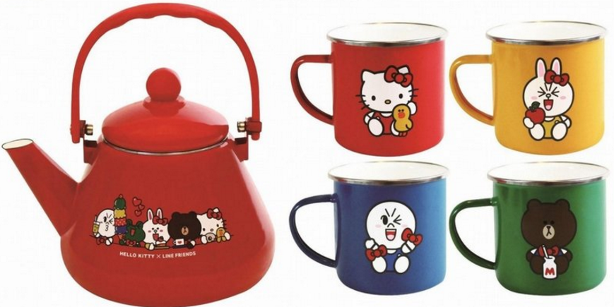 Sanrio Hello Kitty x Line Friends Watsons Limited Enamel Porcelain 1 Teapot 4 Cup Set - Lavits Figure
 - 1