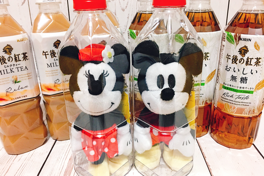 Kirin Afternoon Tea Taiwan Limited Disney Mickey & Minnie Mouse 90th Anniversary 2 Plush Doll in Bottle Figure Set